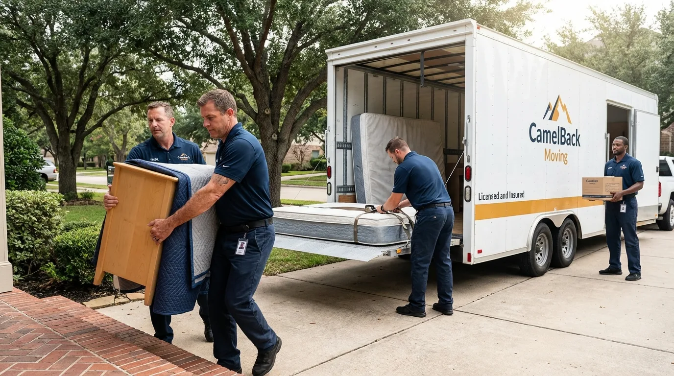 Crew loading residential truck for cross-state move from Sugar Land, TX