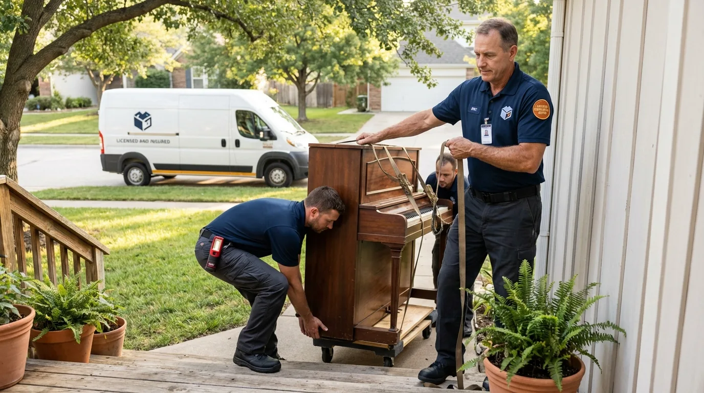 Licensed piano movers securing grand piano in Sugar Land, TX
