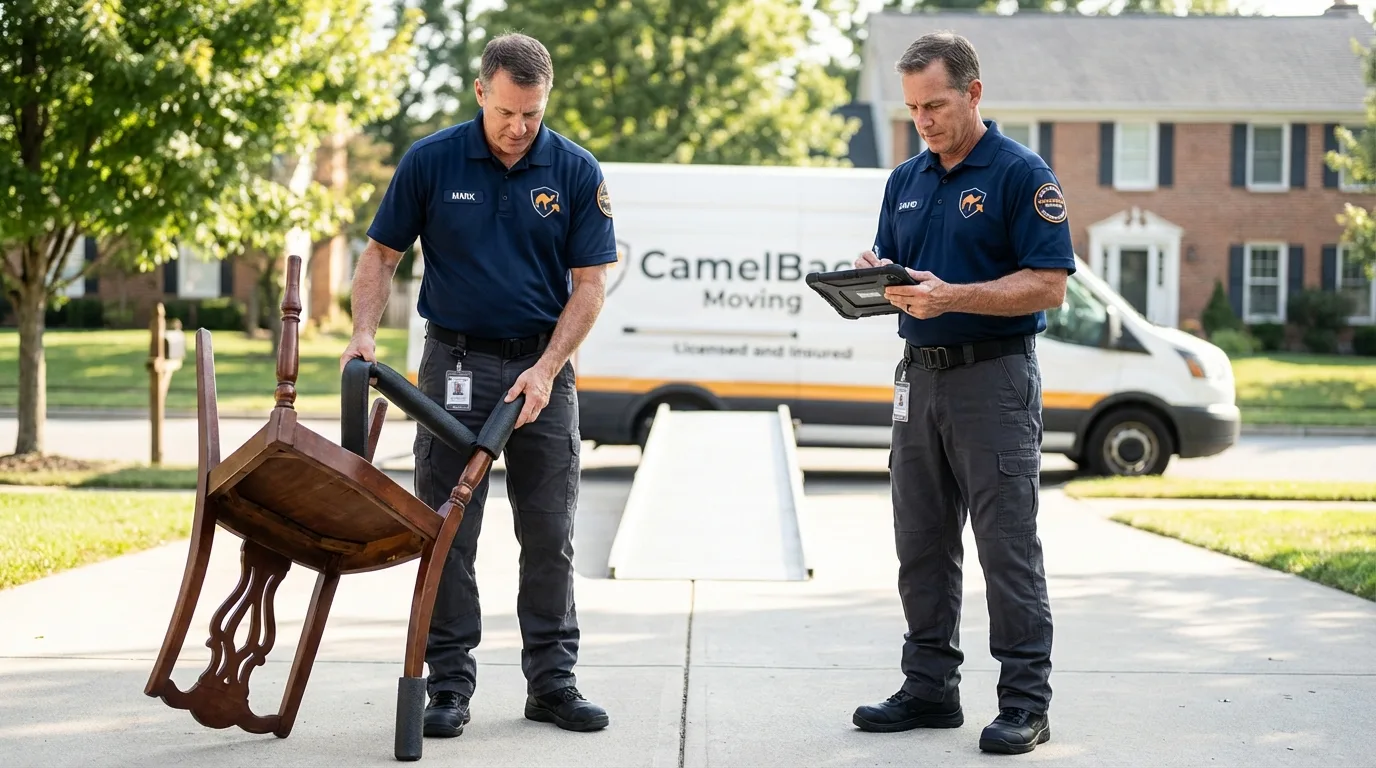 Movers inspecting furniture for damage prevention before loading in Sugar Land, TX