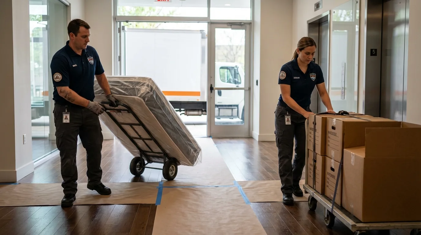 Professional apartment movers loading elevator in Sugar Land, TX